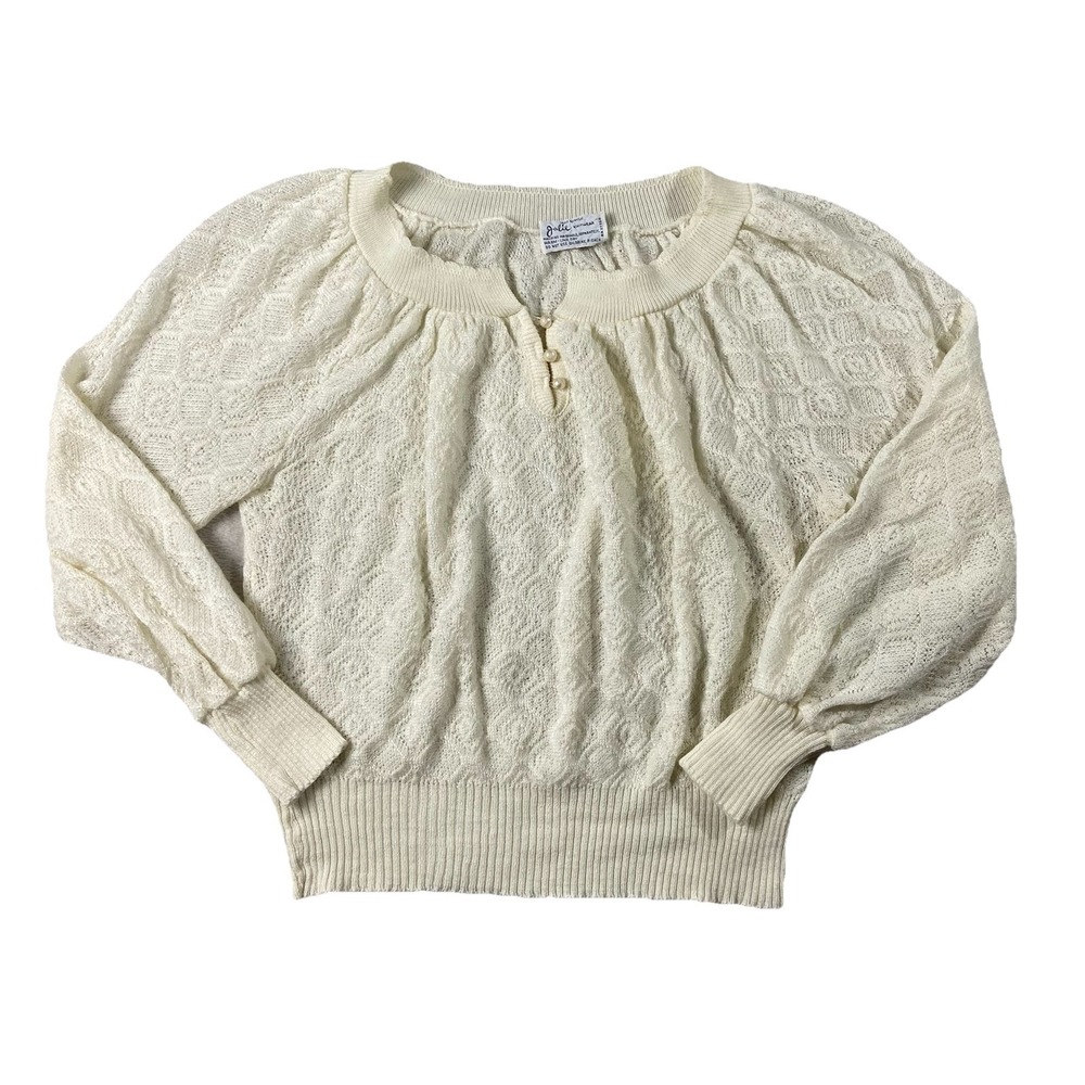 VTG 1960's Jolie Crocheted Acrylic Sweater Long Sleeve Ivory Women's S Soft Girl